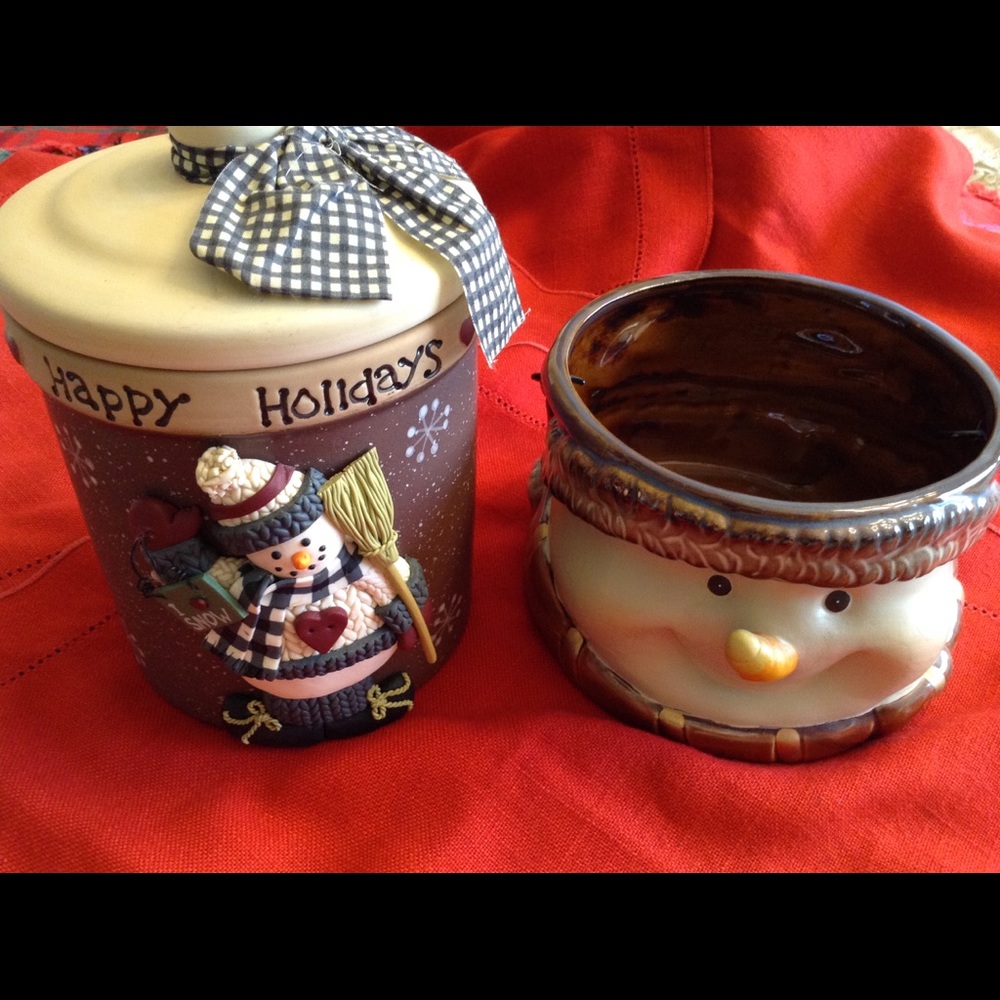 Snowman Rustic Ceramic Canister and bowl w/ handle